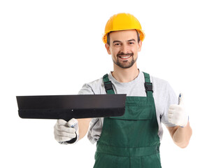 Male decorator with putty knife showing thumb-up on white background
