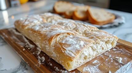 Freshly Baked Artisanal Bread Loaf Dusted with Flour on Wooden Cutting Board, with Sliced Baguette in Background