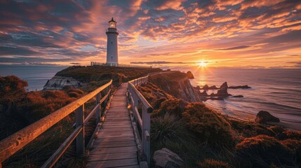 A lighthouse on the coast during dramatic sunset light and glow, with wooden boardwalks leading up to it, sunset lighting,  - obrazy, fototapety, plakaty