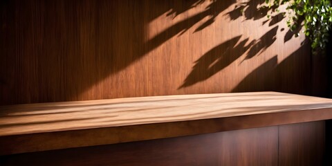 Wooden counter with leaf shadow on wood paneled wall mockup, product presentation 