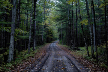 Dark green forest road through dense trees, tranquil wilderness, secluded path in the woods
