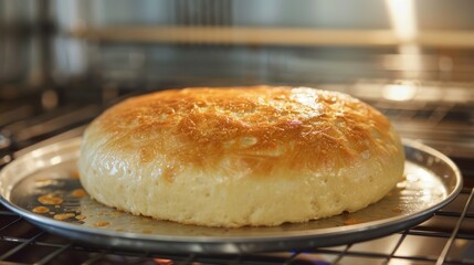 Golden Brown Homemade Bread Freshly Baked in Oven on Metal Tray, Warm Kitchen Baking Concept, Delicious Home Cooking