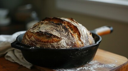 Rustic Artisan Sourdough Bread Freshly Baked in Cast Iron Pan on Wooden Table with Flour Sprinkle