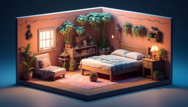 Cube cutout of an isometric room 3d art, soft lighting, high detail, concept art, behance, ray tracing, with jack sparrow inside, flowers inside