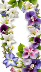 Phone screenshot view of lavender jasmine lily hollyhocks pansy and periwinkle flowers border frame