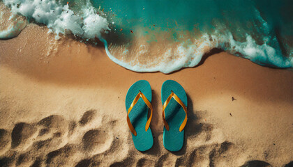 flip flops, beach, rubber, plastic, footprints, splash, color, wave, foam, close-up - obrazy, fototapety, plakaty