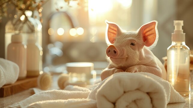 Adorable spa pig: cute and pampered pig enjoying relaxing spa treatments, a charming and delightful scene of animal wellness and indulgence, perfect for showcasing relaxation and cuteness
