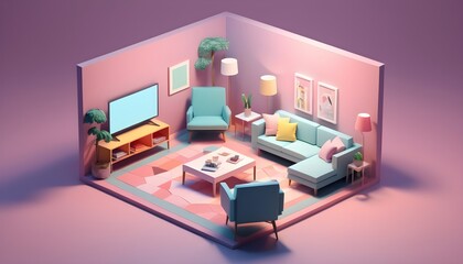 cube cutout of an isometric living room, 3d art, pastel colors, soft lighting, high detail,...