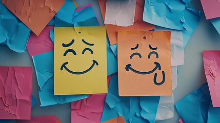 A hand-drawn contrast of a smiley face and a sad emotion on sticky notes, representing the spectrum of positive attitudes and happiness
