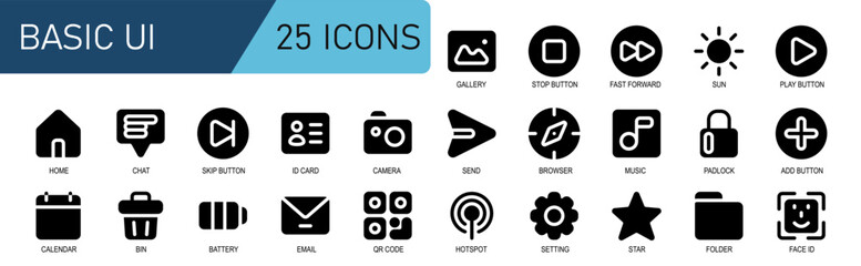Obraz premium icon set ui essential.black solid style.contains skip button,play,menu,home,chat,message,ID card,camera,send,browser,music.