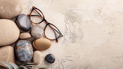 A sales banner for glasses, offering discounts at an optic store, features trendy eyewear on stones against a light background, inviting text additions for promotions - obrazy, fototapety, plakaty
