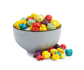 Bowl with sweet colorful popcorn on white background