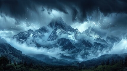 Dark storm clouds over the majestic mountains and flashes of lightning illuminate the horizon. Generative AI