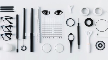 An eye chart test and trial frames are laid out on a white background, showcasing essential tools used by ophthalmologists