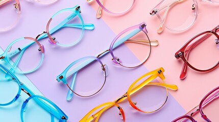 Stylish eyeglasses are arranged over a pastel background, symbolizing the optical store experience, from glasses selection to vision examinations, in a top view, flat lay format - obrazy, fototapety, plakaty