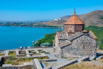 Sunny day at Sevanavank church in Armenia - obrazy, fototapety, plakaty