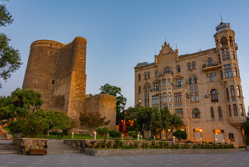 Sunrise view of the maiden tower in Baku, Azerbaijan