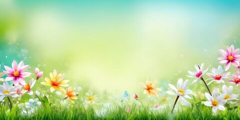 Spring background with grass and flowers with blank copy space for text