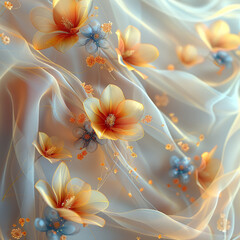 Шdesign of beautiful flowers with glowing edges and highlights, light blue, orange and white colors, dreamy and ethereal atmosphere, fantasy, detailed. 