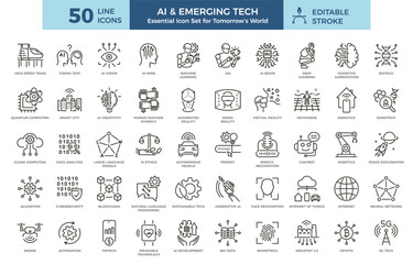 Ai and emerging future tech icon set. Artificial intelligence, technology, innovation, digital and industry 4.0 thin line outline graphic elements.
