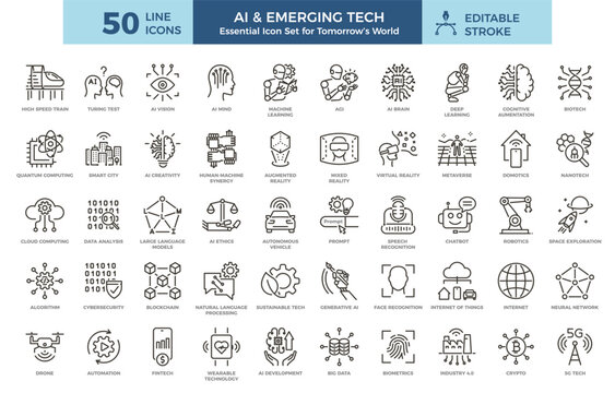 Ai and emerging future tech icon set. Artificial intelligence, technology, innovation, digital and industry 4.0 thin line outline graphic elements.