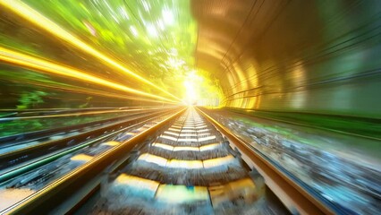 A train hurtling through a tunnel at high speed, its form transformed into vivid streaks by motion blur. 