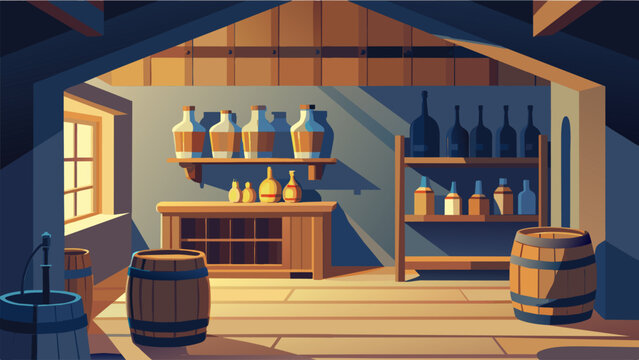 In a cozy bat cellar rows of glass bottles and jugs containing homemade beer line the shelves. A small wooden barrel with a spigot stands in