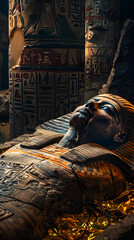 Ancient Egyptian Mummy in Decorative Sarcophagus within a Historical Tomb: A Spectacular Glimpse into Mummy History