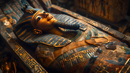 Ancient Egyptian Mummy in Decorative Sarcophagus within a Historical Tomb: A Spectacular Glimpse into Mummy History - obrazy, fototapety, plakaty