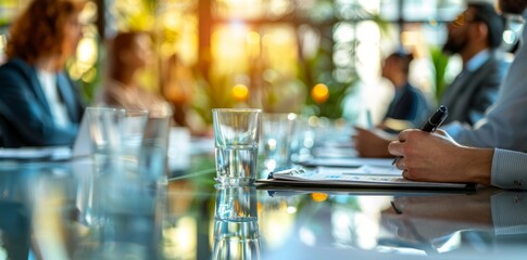 Blur office meeting blurred background with business people working group in boardroom discussion,  executive seminar or professional training in enterprise