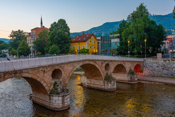Sunset view of the Latin Bridge in the old town of Sarajevo, Bosnia and Hercegovina