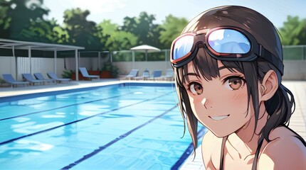 Girl wearing swimming goggles, illustration, pool background.｜水泳用ゴーグルをつけた女の子、イラスト、プール背景。