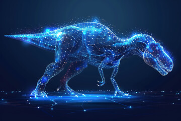 Step into the prehistoric world with a captivating image of a dinosaur rendered in wireframe and neon style against a striking blue background