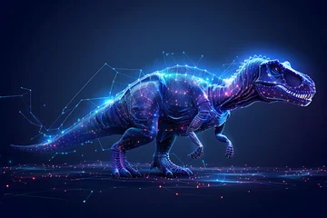 Zelfklevend Fotobehang Step into the prehistoric world with a captivating image of a dinosaur rendered in wireframe and neon style against a striking blue background © Evhen Pylypchuk