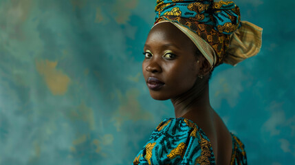 A regal black woman commands attention in a traditional Kitenge head wrap and floorlength dress in...