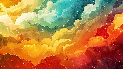 Abstract watercolor background with blue sky, sun, clouds, and sea, reflecting vibrant colors of sunset and nature's beauty