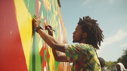 Happy male artist painting a colorful mural on a wall with a paintbrush in hand. Celebrating Juneteenth Freedom and African liberation day. Black life matters. Black history month.