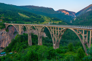 Sunset view of Djurdjevica Tara bridge in Montenegro