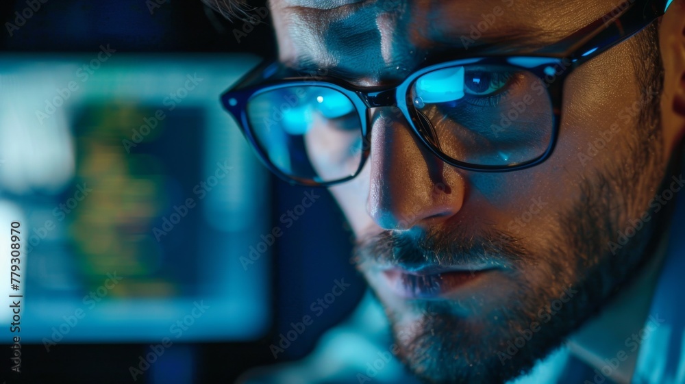 Poster person using computer in dark room - a blurred image showing a person using a computer in a dark roo
