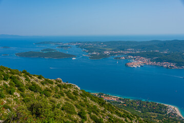 Korcula island viewed from Sveti Ilija mountain at Peljesac peninsula in Croatia
