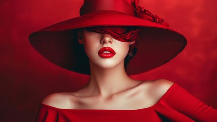 Mysterious woman in a red dress and elegant hat - A captivating and mysterious woman dressed in a bold red dress and hat exudes charm and sophistication, with her identity hidden