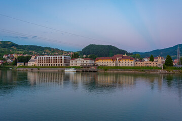 Fototapeta premium Sunrise view of Andricgrad in Bosnia and Herzegovina