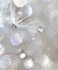 A water drop on a dandelion, in the style of light silver and silver.