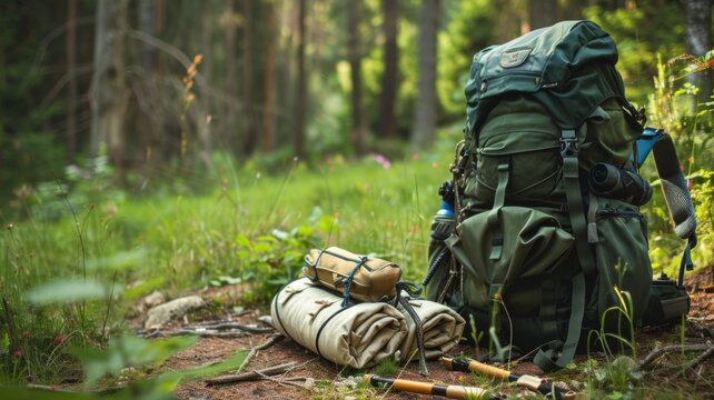 Camping equipment ready for an adventure - A serene forest setting, with camping equipment prepared for a journey into nature's embrace