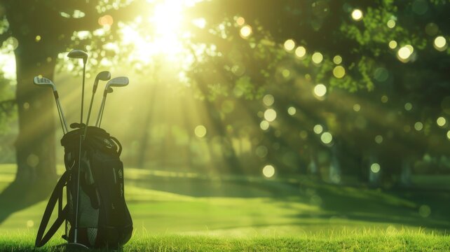 Golf clubs in bag amidst morning dew - A serene image capturing a set of golf clubs in a black bag on a dewy course under the morning sun rays
