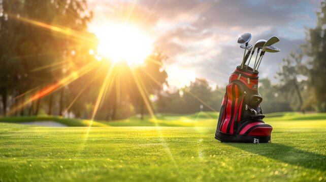 Golf bag on course during sunrise - A stunning image of a professional golf bag on a well-manicured course as the sun rises beautifully
