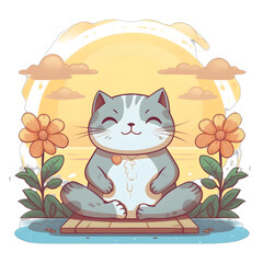 Serene Cat Meditating at Sunrise with Flowers. - png isolated on transparent background