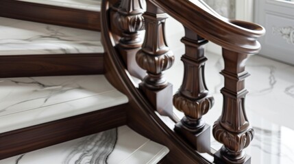 The risers of the marble staircase feature exquisite handcrafted designs incorporating classic...