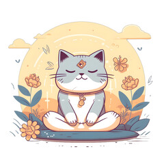 Serenity in Sunset: Meditating Cat with Flowers and Butterflies. - png isolated on transparent background