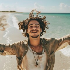 Young man with his arms up in the air, symbolic of freedom. A dandy beach is visible in the background. - obrazy, fototapety, plakaty